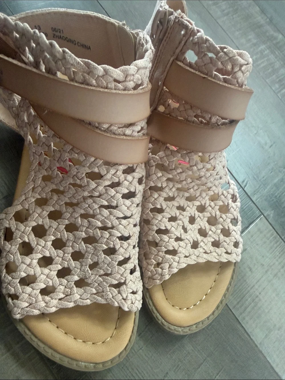 Braided Open-Toe Girls' Sandals in Blush with Ankle Straps